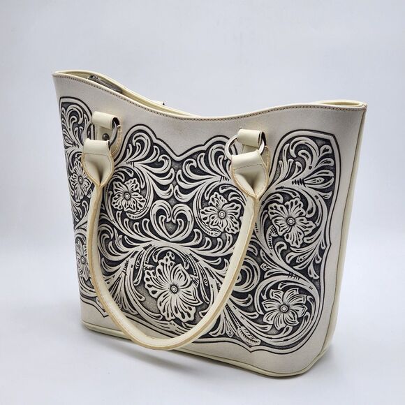 Trinity Ranch Western Floral Embossed Leather White Tote Bag - Picture 2 of 16